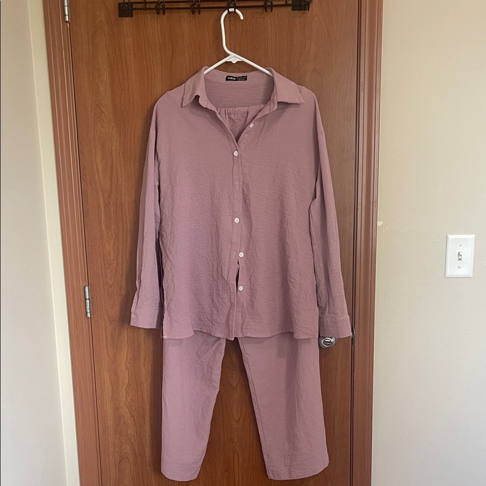 Pink Button-Up Shirt and Pants Set